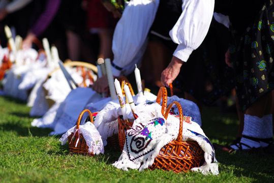 Locals dressed in traditional clothes, celebrating the Easter Holidays in Breb Village, Maramures, Romania
