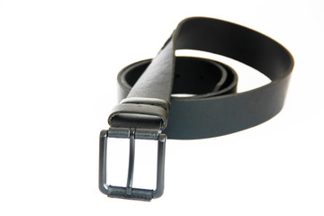 men's black leather belt with metal buckle on white background