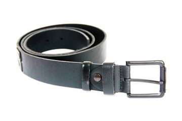 men's black leather belt with metal buckle on white background