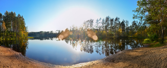 Lake in the forest of pines and sandy coast. Wide panorama. Leningrad region, Russia