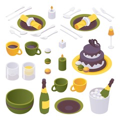 Isometric set of items for a birthday celebration table. Crockery and tableware isolated on white background