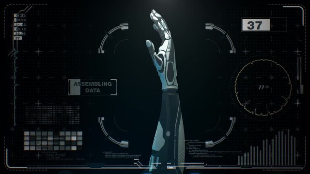 Robotic arm turntable on Holographic screen virtual hud elements, Futuristic User Interface