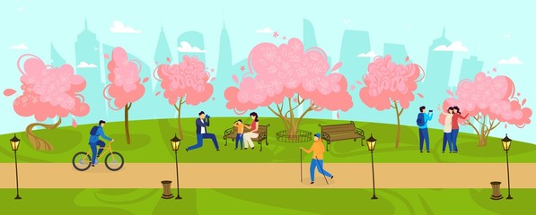 People walk in park spring time, blooming trees outdoor nature, happy family with kids, relaxation vector illustration. City park activities, leisure, young people taking pictures and bicycling.