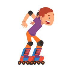 Rollerblading Boy, Happy Smiling Child Roller Skating, Teenager Outdoor Activity Cartoon Vector Illustration