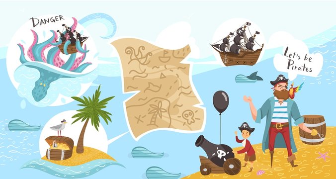 Pirate party for kids, games on piratical ship, buccaneers cartoon characters flat vector illustration, treasure map, sea island adventure. Pirate kids party with sailor, captain, black sail, skull.