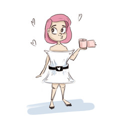 A girl with pink hair with a pillow and toilet paper. stay at home. morning
