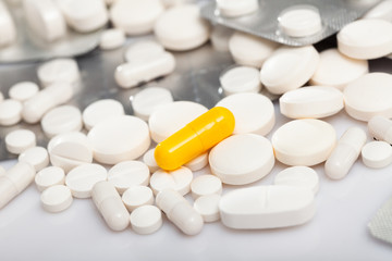 Various pills and medical pills, antibiotics closeup