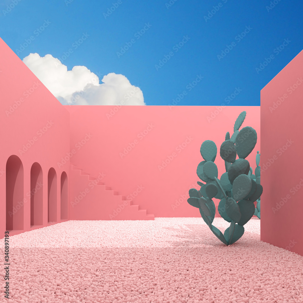 Aufkleber minimal style of pink architectural building with staircase and cactus on blue sky background. arch 