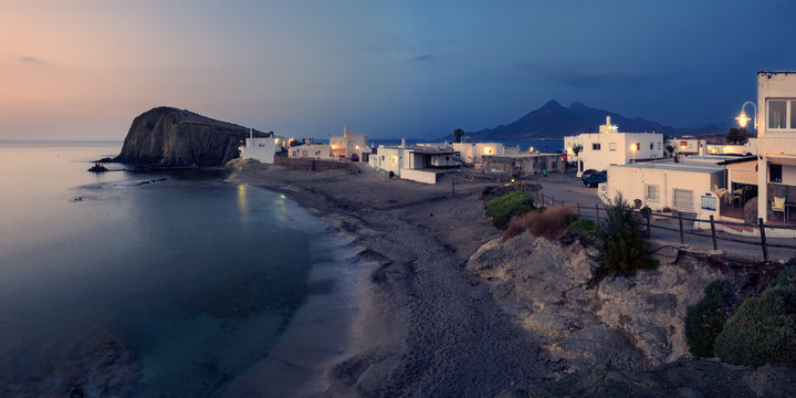 Panoramic view of the town La Isleta del Moro, a typical place in the Cabo de Gata Natural Park, Almeria.