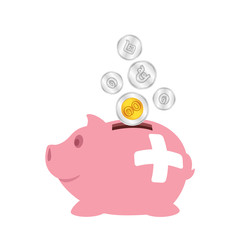 piggy bank and thai coin money isolated on white, pink piggy bank icon for savings concept, cute piggy bank and thai baht coin
