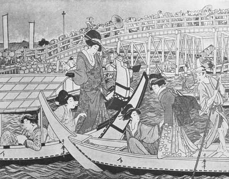 The Night Fest By A Japanese Painter Kitagawa Utamaro In The Old Book The History Of Painting, By R. Muter, 1887, St. Petersburg