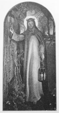 The Light of the World by William Holman Hunt an English painter in the old book the History of Painting, by R. Muter, 1887, St. Petersburg