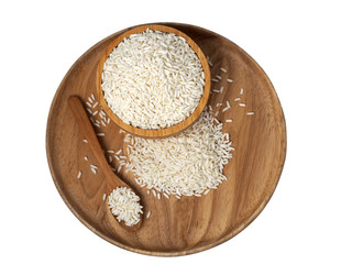 Rice placed in a wooden tray, wooden spoon, wooden cup on a white background