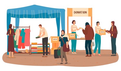 Volunteers help poor people, donation with cloths and money, social volunteering projects flat vector illustration, assistance for poor. Support for homeless, philantropy voluntary.