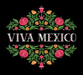 Viva Mexico illustration vector. Floral background with flowers pattern from traditional Mexican embroidery ornament for cinco de mayo or day of the dead party design.
