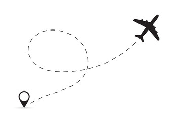 Plane route. Airplane line path. Air travel concept with aircraft,  start point and dash line. Vector illustration.