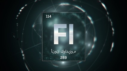 3D illustration of Flerovium as Element 114 of the Periodic Table. Green illuminated atom design background with orbiting electrons name atomic weight element number in Arabic language