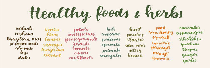 Healthy Foods and Herbs calligrafic set. Vector hand lettered healthy nutrition ingredient list. Healing diet plan example. Natural anti-inflammation foods lettering. Organic restaurant menu template