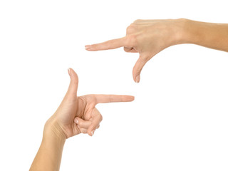 Hands framing. Woman hand gesturing isolated on white