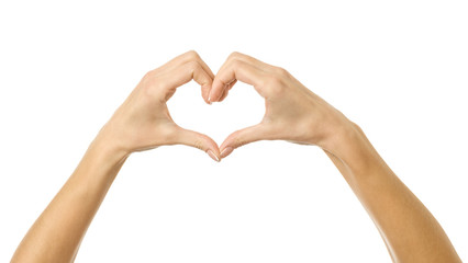 Fototapeta premium Heart shape. Woman hand with gesturing isolated on white