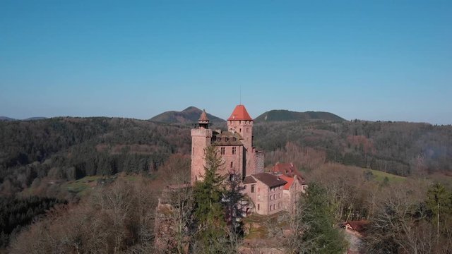 Aerial shot of Berwartstein Castle located in the Palatine Forest, Germany.
