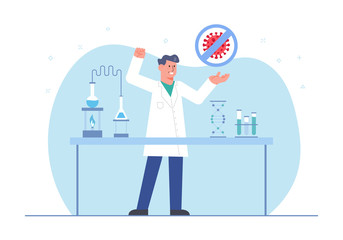 Male Scientist Discovers Virus Antidote Vaccine Concept. Laboratory Research in Flat Design Style Vector Illustration