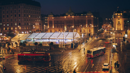 Obraz premium The Republic Square in Belgrade Serbia ice skating arena, January 2020, night photo