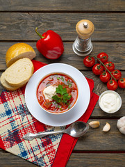 first course homemade hot Russian borscht with meat sour cream