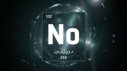 3D illustration of Nobelium as Element 102 of the Periodic Table. Green illuminated atom design background with orbiting electrons name atomic weight element number in Arabic language