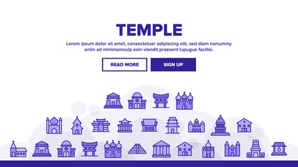 Temple Architecture Building Landing Web Page Header Banner Template Vector. Religion Collection Nation Temple Building, Catholic And Christian Church, Islamic And Buddhism Illustrations