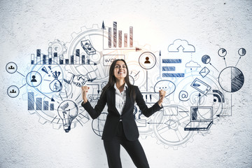 Happy businesswoman and drawing global marketing plan