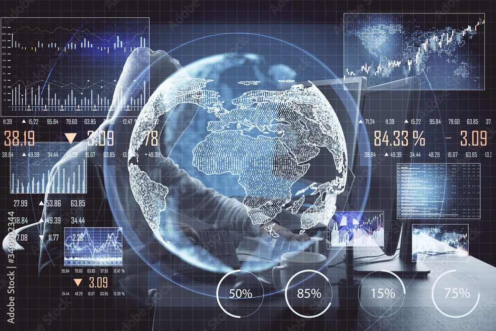 Aufkleber Hacker using computer with glowing global stock statistics.