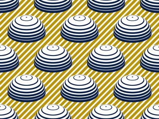 Hemispheres lined optical illusion seamless pattern, vector repeat tiling op art background, psychedelic 3D spheres and lines, wallpaper or print textile template.