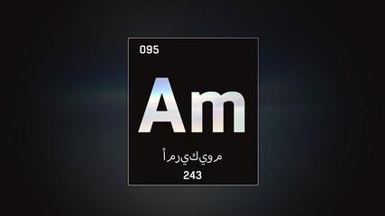 3D illustration of Americium as Element 95 of the Periodic Table. Grey illuminated atom design background with orbiting electrons name atomic weight element number in Arabic language