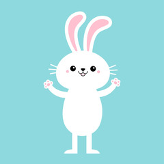 Rabbit bunny standing and holding paw print hands up. Cute cartoon kawaii funny baby character. Happy Easter. White farm animal. Blue background. Isolated. Flat design