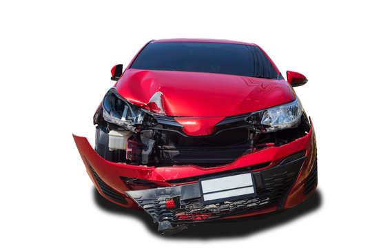 Front of red color car damaged and broken by accident isolated on white background. Save with clipping path.