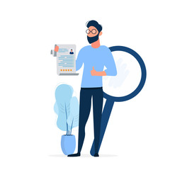 Stylish man with glasses. The guy holds a resume in his hands and shows the class. The concept of finding people to work. In isolation. Vector