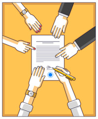 Bank customer write a sign on financial form of money credit with employees helps him and explains the terms of loan or Businessman signs contract paper, top view of desk with people hands. Vector.