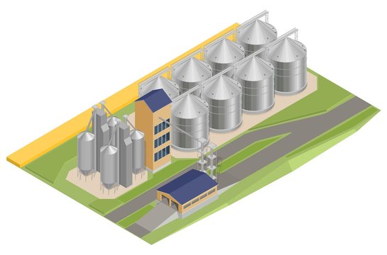 Vector illustration of a silo with grain, elevator, granary, factory. Isometry
