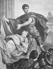 An illustration of Brutus and the death of Caesar in the old book Shakespeare, by N. Kozhevnikov, 1894, Moscow - obrazy, fototapety, plakaty