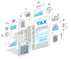 Taxation concept, tax form or paper sheet legal document with calculator isolated on white. Isometric 3d vector finance illustration with icons, stats charts and design elements.