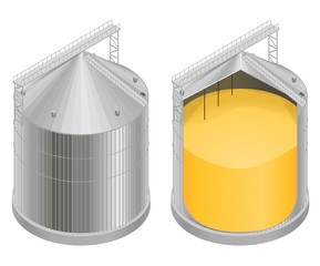 Vector illustration of a silo with grain in a section, a diagram of the elevator device, a granary. Isometry © Georgii