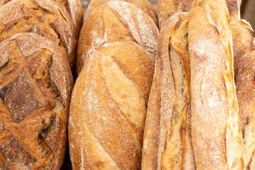 country bread and organic baguettes made with sourdough and cooked over a wood fire