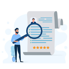 A guy examines a resume under a magnifying glass. Vacant place. The concept of finding workers and open vacancies. Isolated. vector.