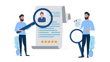 A guy examines a resume under a magnifying glass. The guy holds a resume in his hands and shows the class. The concept of finding people to work. Isolation. Vector