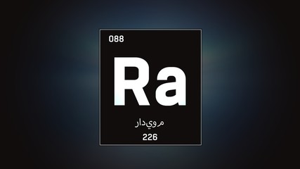 Fototapeta premium 3D illustration of Radium as Element 88 of the Periodic Table. Grey illuminated atom design background with orbiting electrons name atomic weight element number in Arabic language
