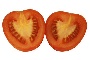 Two halves of tomato isolated on a white background. Close-up. Top view.