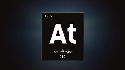 3D illustration of Astatine as Element 85 of the Periodic Table. Grey illuminated atom design background with orbiting electrons name atomic weight element number in Arabic language