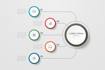 Infographics business process with 5 steps or options circles. Data visualization. Can be used for workflow layout, diagram, banner, web design. Vector illustration.