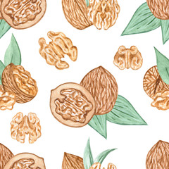 Watercolor nuts seamless pattern. Cashews, almonds, hazelnuts, walnut. Illustration for menu, catalog, restaurant, cartoon, game, kitchen, textile, decor.